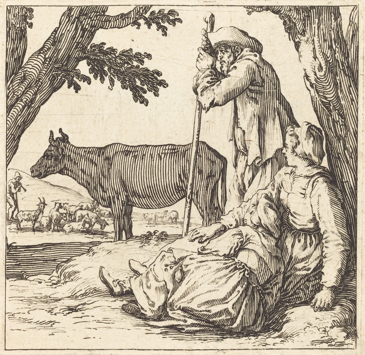 Peasant Couple with Cow by Jacques Callot, print, 1621