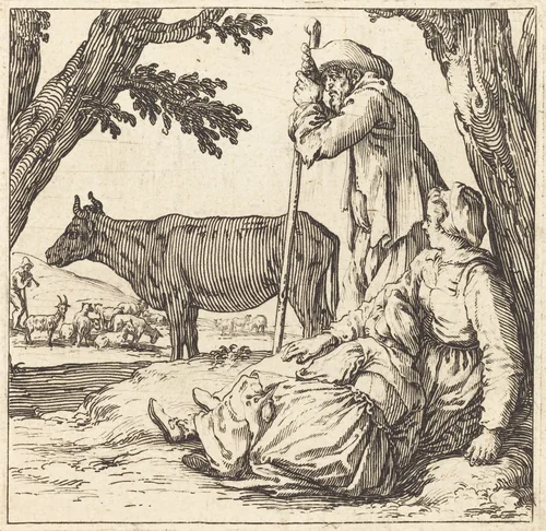 Peasant Couple with Cow by Jacques Callot, print, 1621