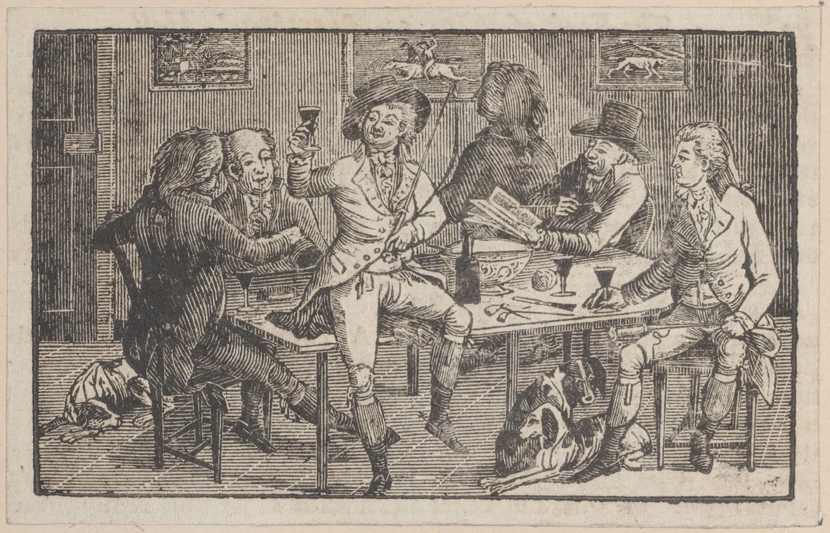 Men seated around a punch bowl, with a hunter offering a toast by Thomas Bewick, print, 1790-1828