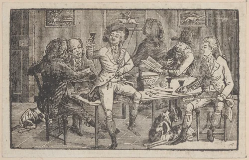 Men seated around a punch bowl, with a hunter offering a toast by Thomas Bewick, print, 1790-1828