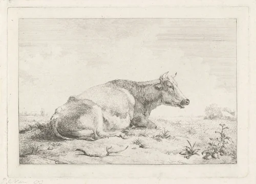 Liggende koe met distel by Pieter Gerardus van Os, print, 1791-1839
