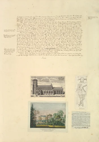 Leaf from Aedes Walpolinae mounted with a hand-written sheet, two prints and a printed sheet with drawn additions: (a): Sermon on Painting, continued; (b): St. Peter's Church at Walpole; (c): Chateau de Picton; (d): Monument of Eudo de Arsie; (e) Printed text describing Monument of Eudo de Arsie by Horace Walpole, manuscript, 1742