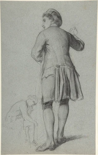 Study of a standing man knocking; sketch of a sitting man by François-Claudius Compte-Calix, drawing, 1830-1880