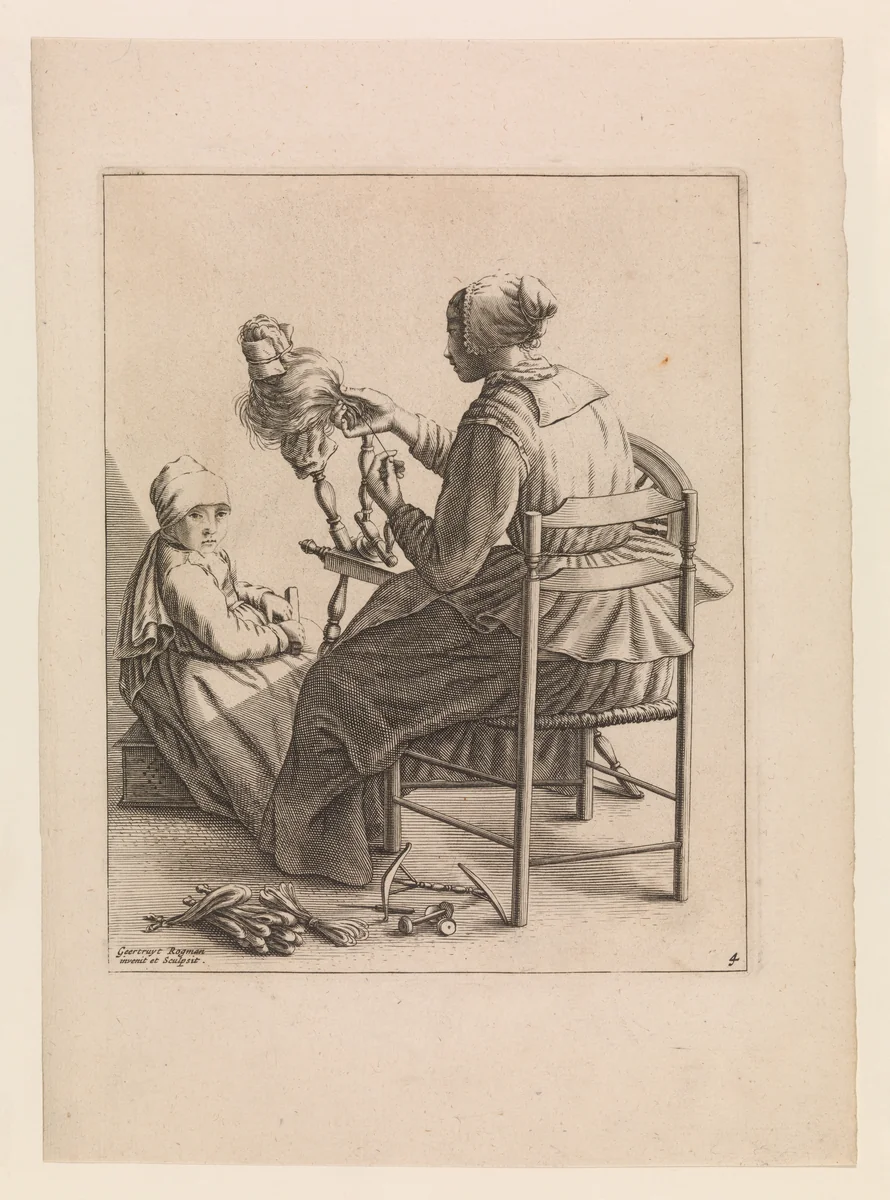 A Woman Spinning, Plate 4 from "Five Feminine Occupations" by Geertruydt Roghman, print, 1635-1657