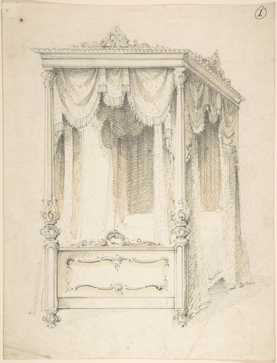 Design for Bed with a Canopy by Charles Hindley and Sons, drawing, 1841-1884