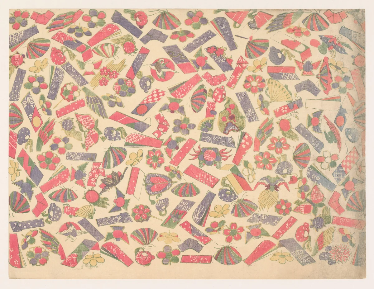 Patroon van geluksvoorwerpen (speelgoed, waaiers en vliegers) by anonymous, other, 1860-1930