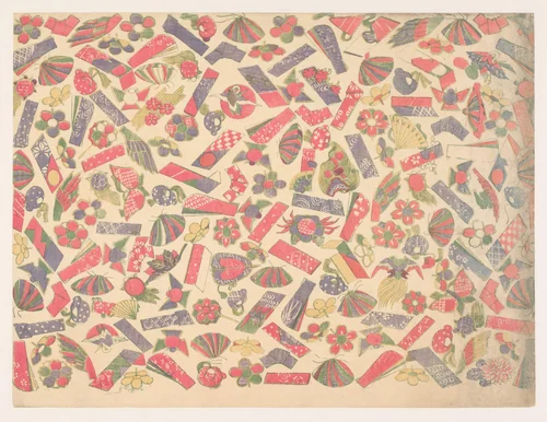 Patroon van geluksvoorwerpen (speelgoed, waaiers en vliegers) by anonymous, other, 1860-1930