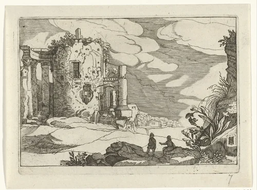 Ruïne van een door zuilen omgeven tempel by anonymous, print, 1594-1685