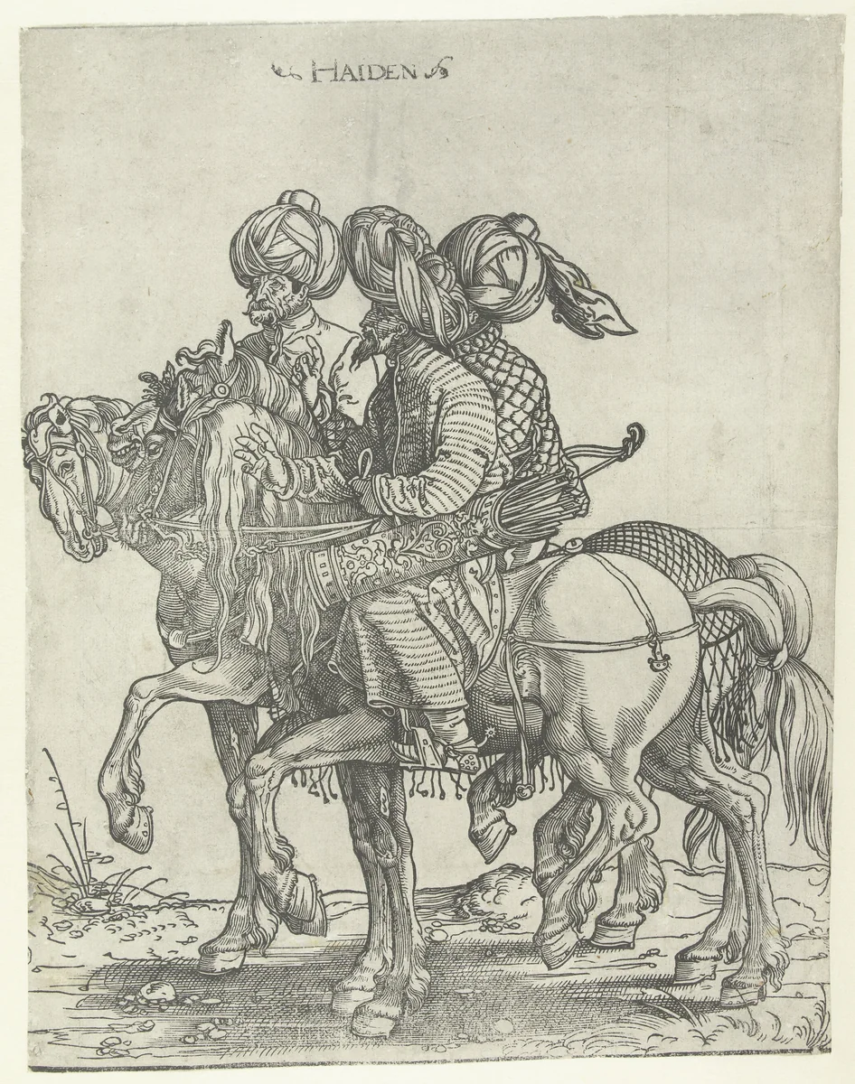 Drie boogschutters te paard by Jan Swart, print, 1526