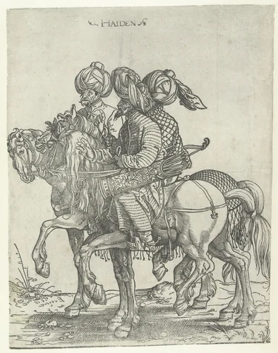 Drie boogschutters te paard by Jan Swart, print, 1526
