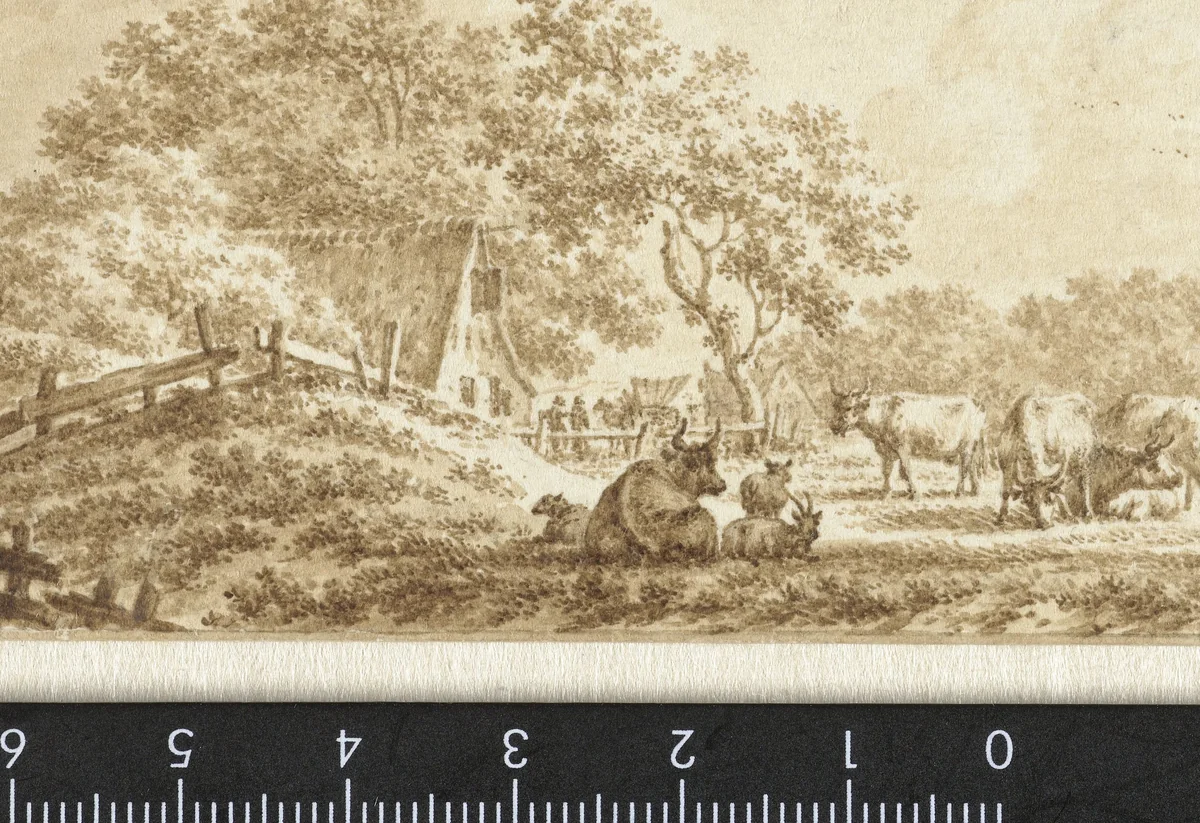 Landschap met vee en een boerderij by Jacob Cats, drawing, 1778