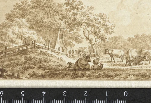 Landschap met vee en een boerderij by Jacob Cats, drawing, 1778