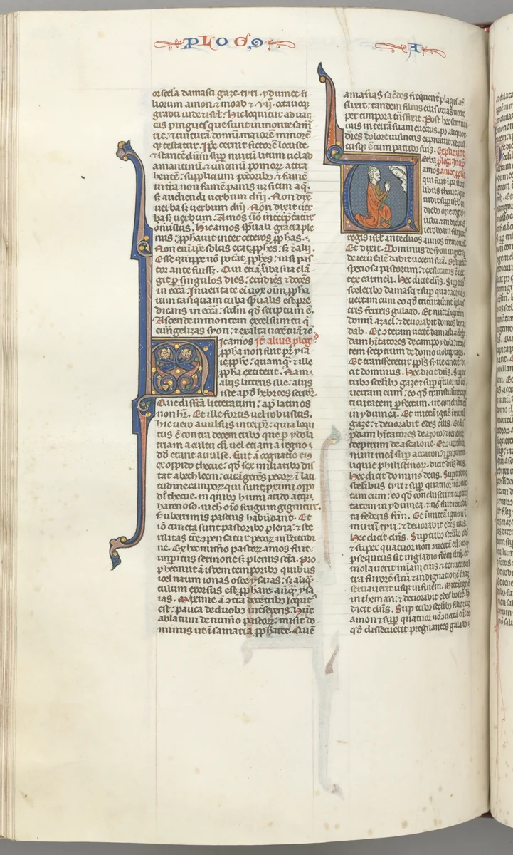 Fol. 354v, Amos, historiated initial V, Amos kneeling in prayer, bust of God above by Unknown, book, 1270-1300