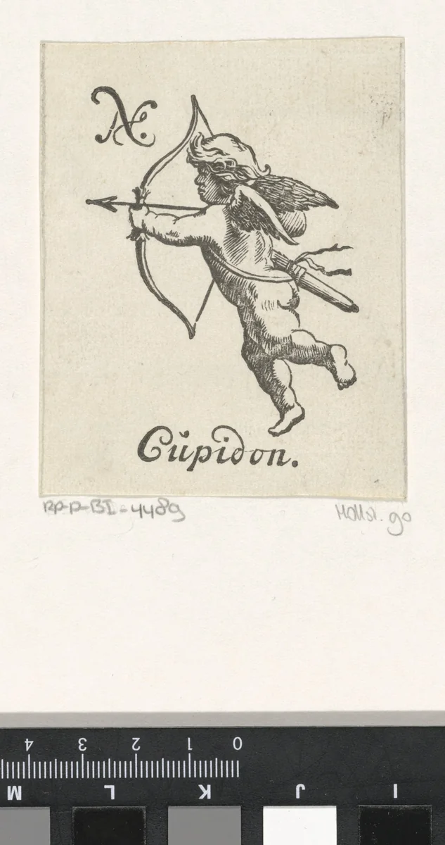 Handelsetiket met Cupido die een pijl en boog vasthoudt by Isaac Vincentsz. van der Vinne, print, 1681-1740