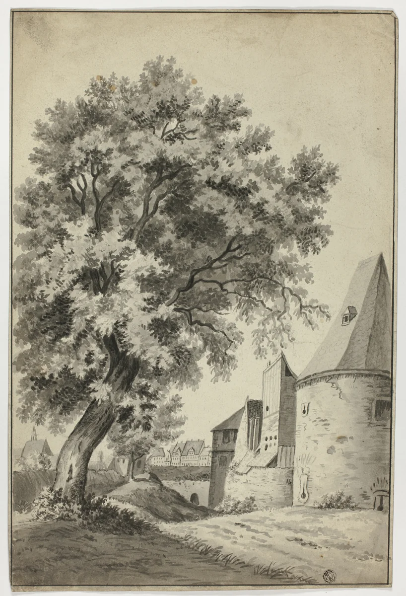 Walled Village and Tall Tree by Unknown Artist, drawing, 1700-1799