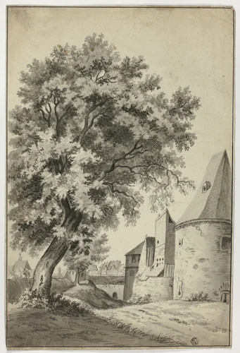 Walled Village and Tall Tree by Unknown Artist, drawing, 1700-1799