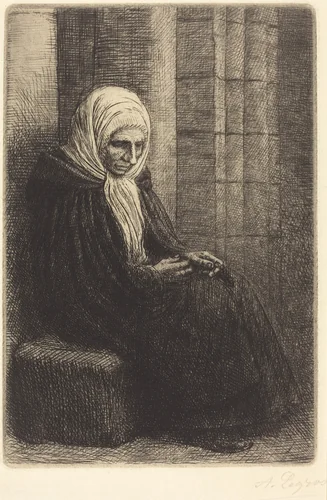 Woman Seated against a Wall, Child with His Head in Her Lap (Femme assis, muraille au fond, enfant la tete dans son giron) by Alphonse Legros, print, 1837-1911