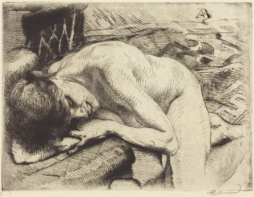 Model Asleep on the Floor (Le modèle endormi à terre) by Albert Besnard, print, 1885