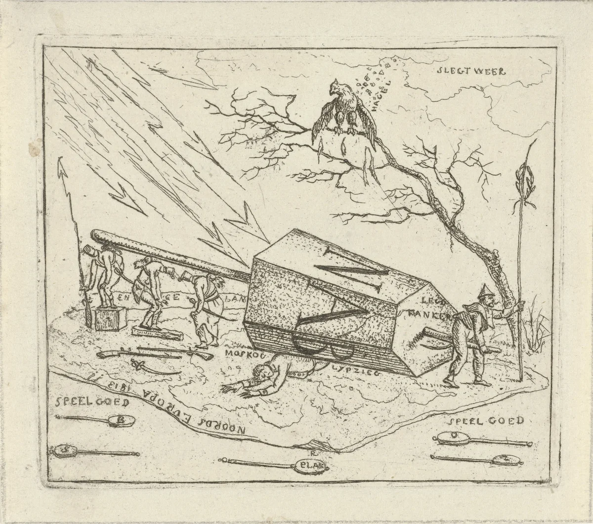 Napoleon verpletterd onder een zeshoekig blok by Hermanus Fock, print, 1813