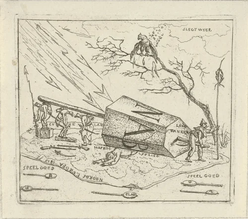 Napoleon verpletterd onder een zeshoekig blok by Hermanus Fock, print, 1813