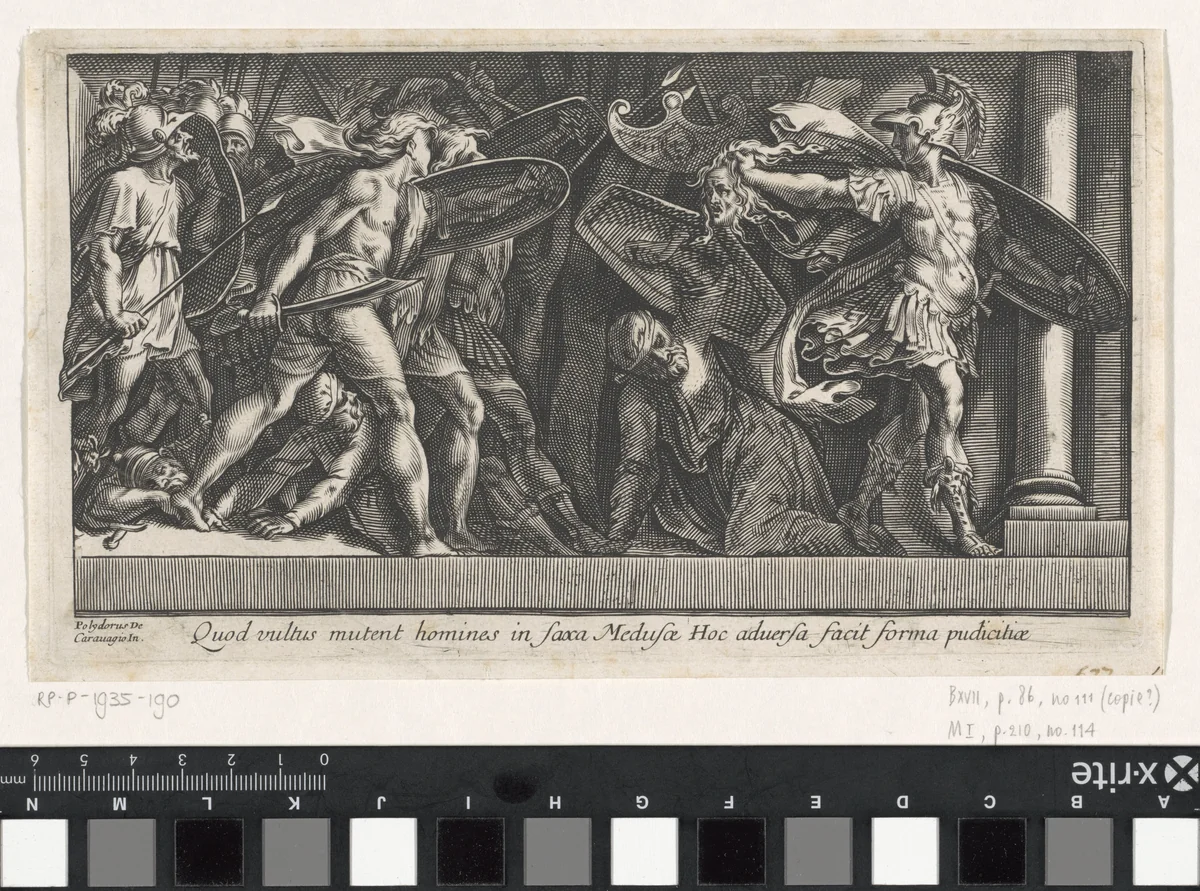 Phineus en zijn volgelingen in steen veranderd by Unknown, print, 1563-1615