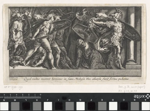 Phineus en zijn volgelingen in steen veranderd by Unknown, print, 1563-1615