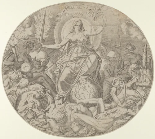Justice, frontispiece from the "Seven Deadly Sins" by Léon Davent, print, 1545-1560