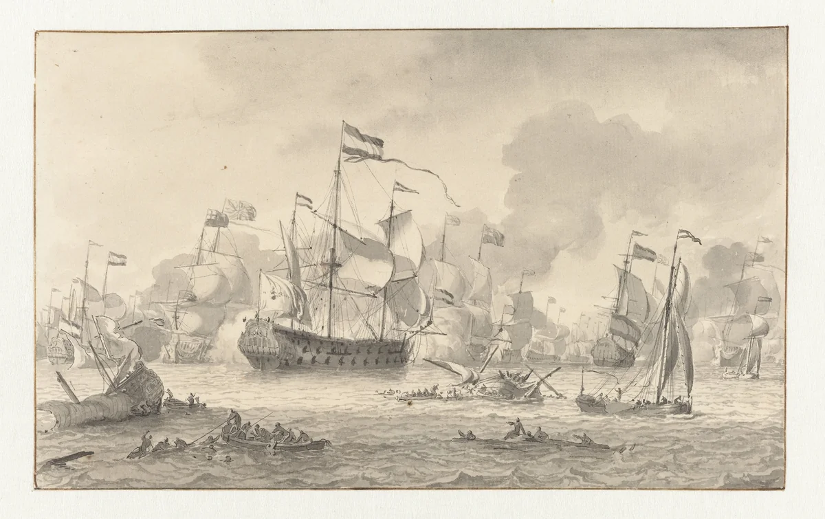 Zeeslag tussen een Nederlandse en een Engelse vloot by Ludolf Bakhuysen, drawing, 1641-1708