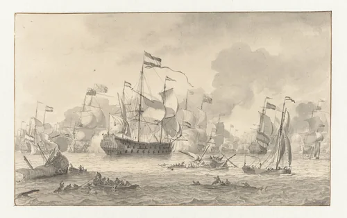 Zeeslag tussen een Nederlandse en een Engelse vloot by Ludolf Bakhuysen, drawing, 1641-1708