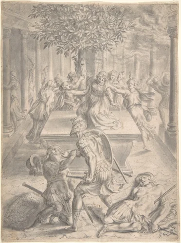 The Sack of Troy: Pyrrhus Killing Priam by Franz Cleyn, drawing, 1640-1654