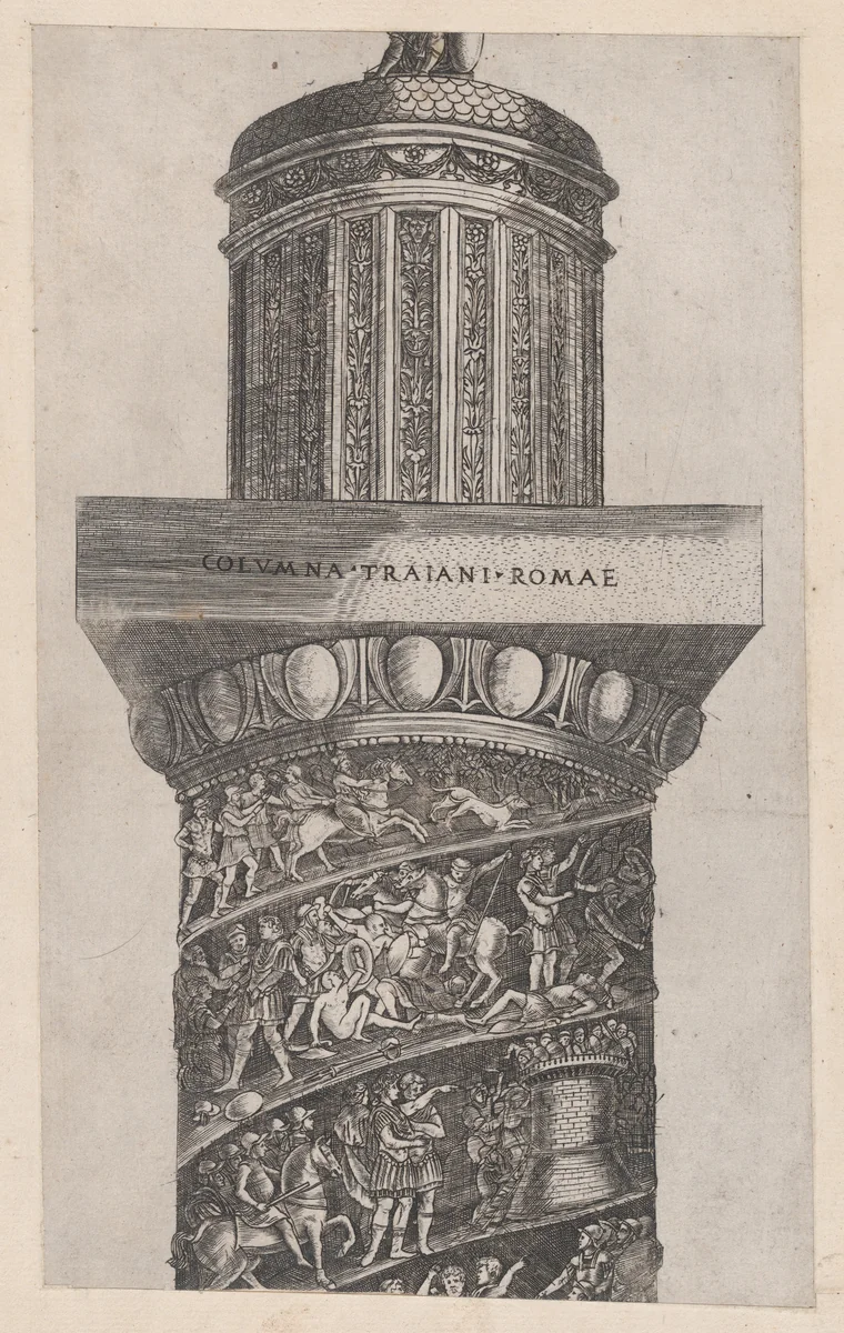 The upper portion of Trajan's Column, showing arabesque work on the crowning turret, from "Speculum Romanae Magnificentiae" by Monogrammist G.A. with the Caltrop, print, 1530-1580