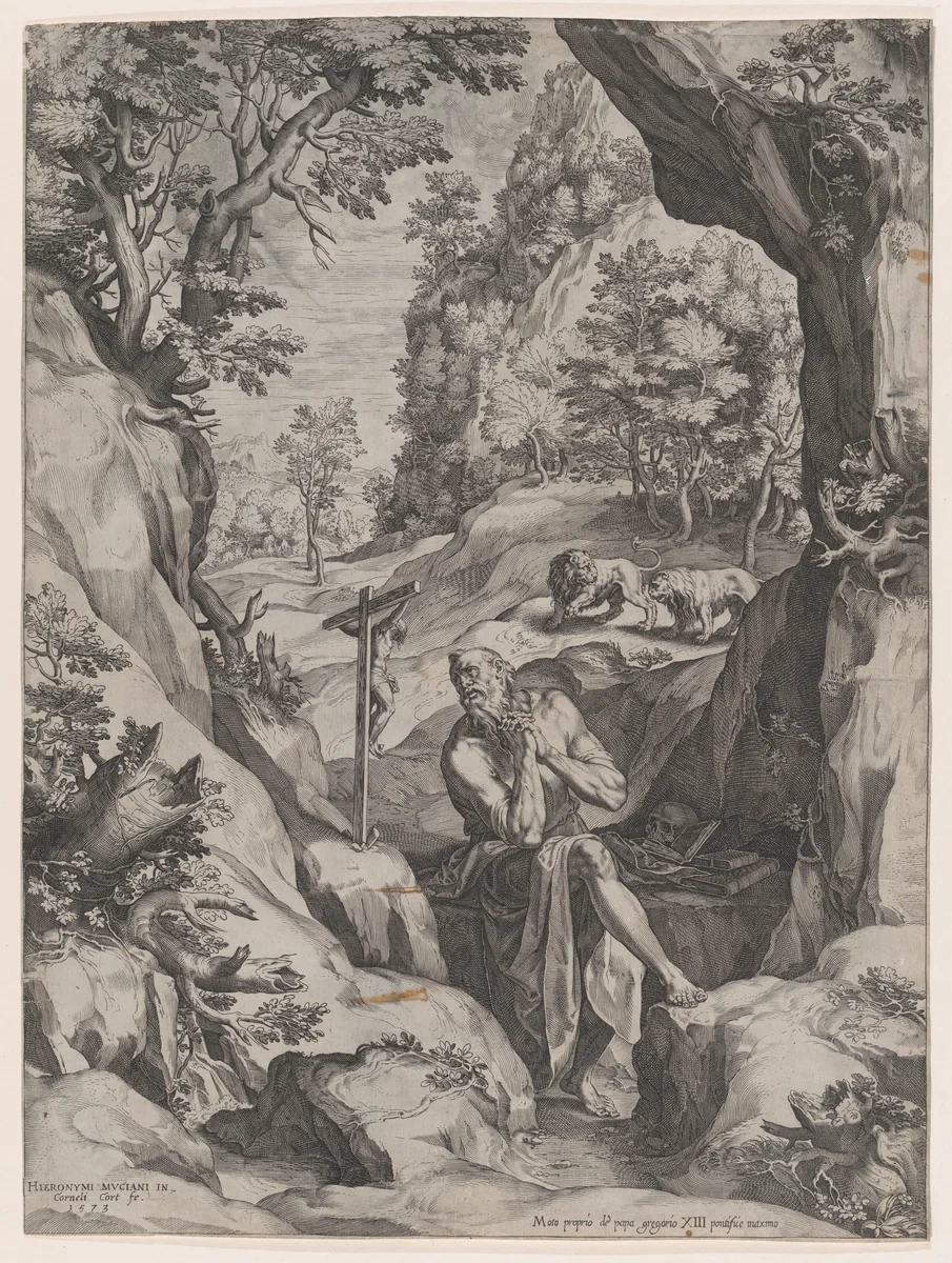 St Jerome Penitent in the Wilderness by Cornelis Cort, print, 1573