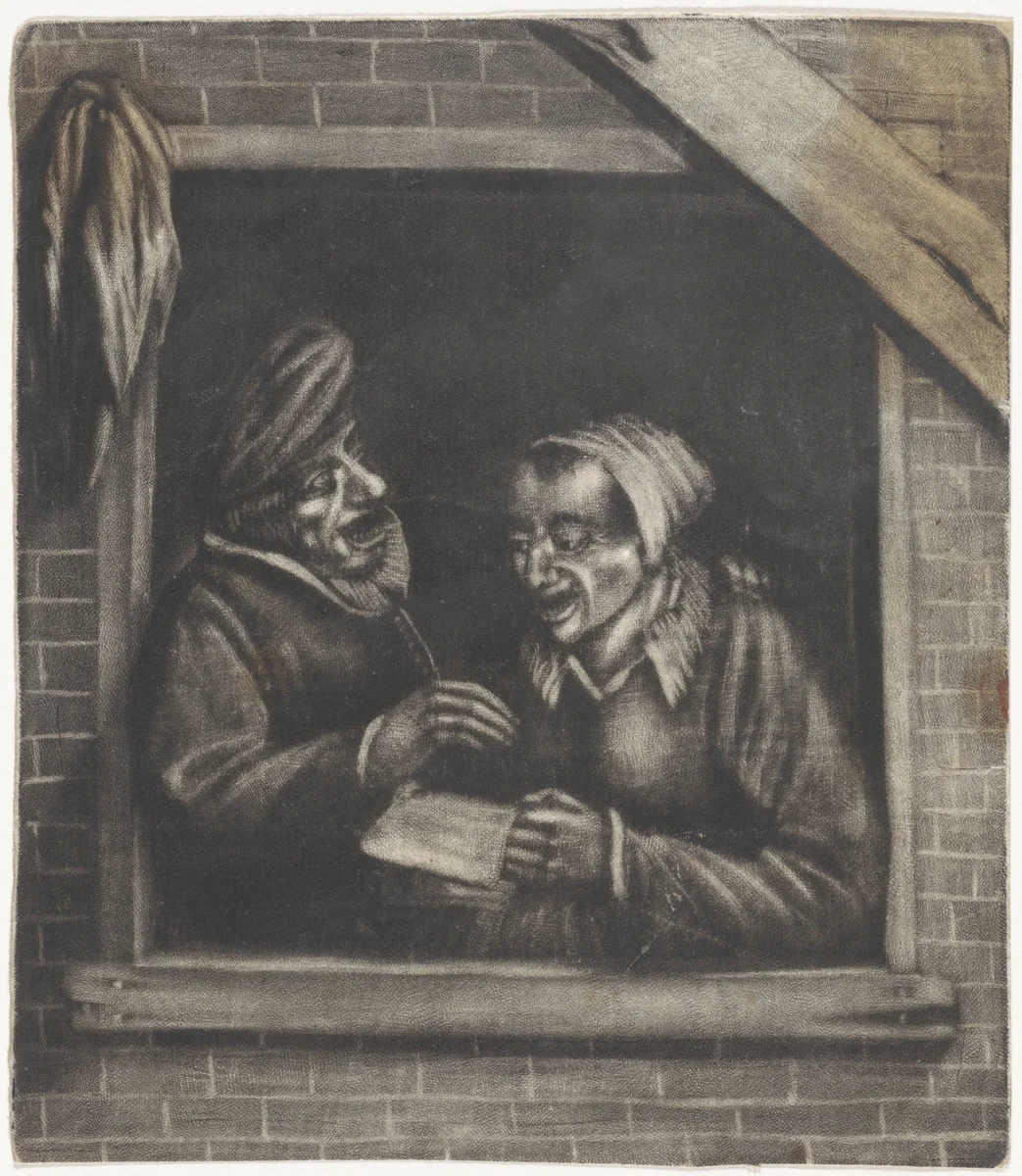 Zingende man en vrouw in een venster by anonymous, print, 1650-1800