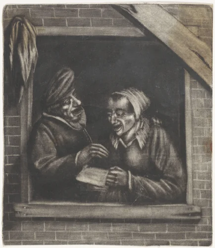 Zingende man en vrouw in een venster by anonymous, print, 1650-1800