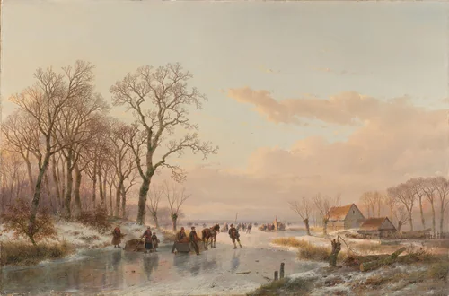 A Frozen Canal near the River Maas by Andreas Schelfhout, painting, 1867