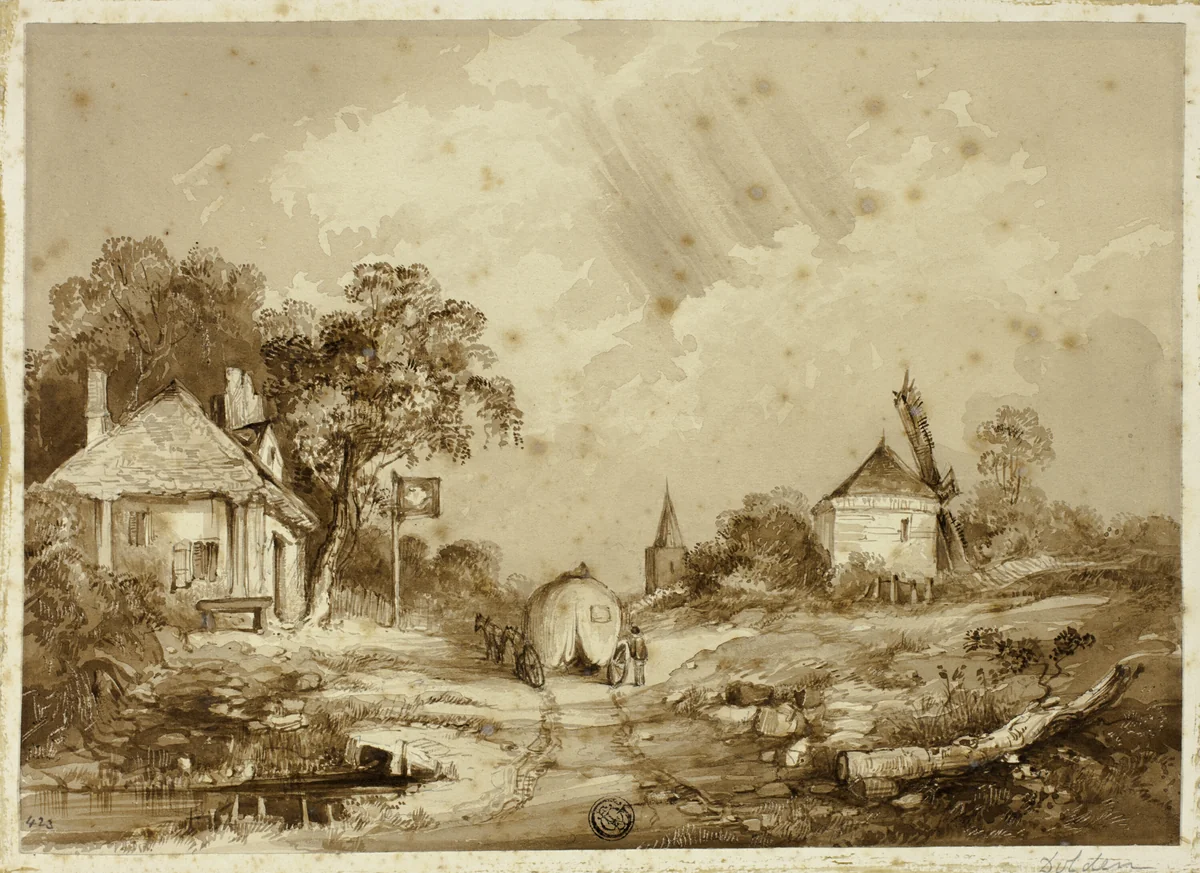 Cart on Road Flanked by Inn and Windmill by Thomas Colman Dibdin, drawing, 1800-1899