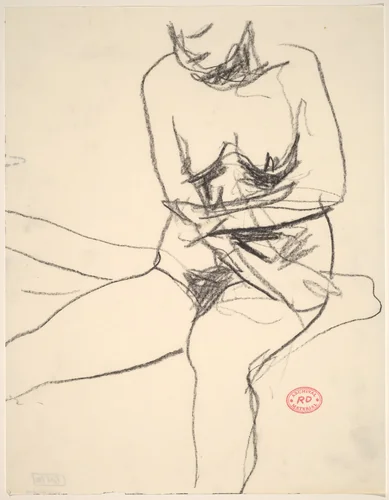 Untitled [seated female nude pulling her arms close to her body] by Richard Diebenkorn, drawing, 1955-1967