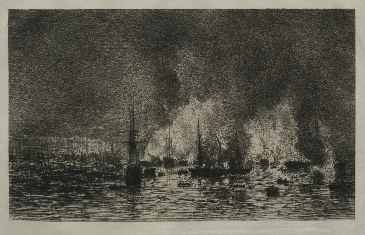 Fire in the Port of Bordeaux by Maxime Lalanne, print, 1869