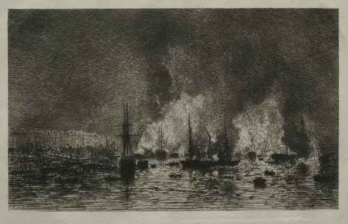 Fire in the Port of Bordeaux by Maxime Lalanne, print, 1869