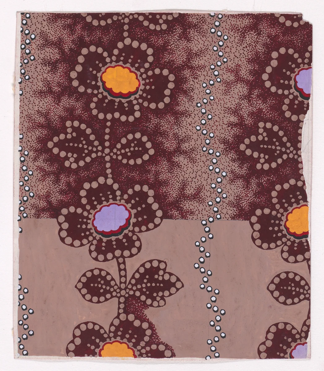 Textile Design with Undulating Garlands of Stylized Flowers and Leaves Separated by Undulating Zig-Zagging Strips of Pearls by anonymous, drawing, 1840