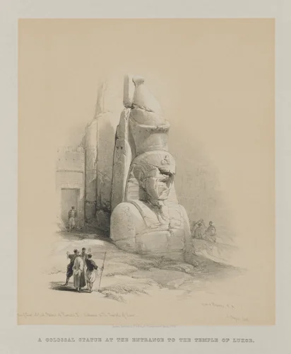 Egypt and Nubia, Volume I: One of Two Colossal Statues of Rameses II. Entrance to the Temple of Luxor by Louis Haghe, print, 1847