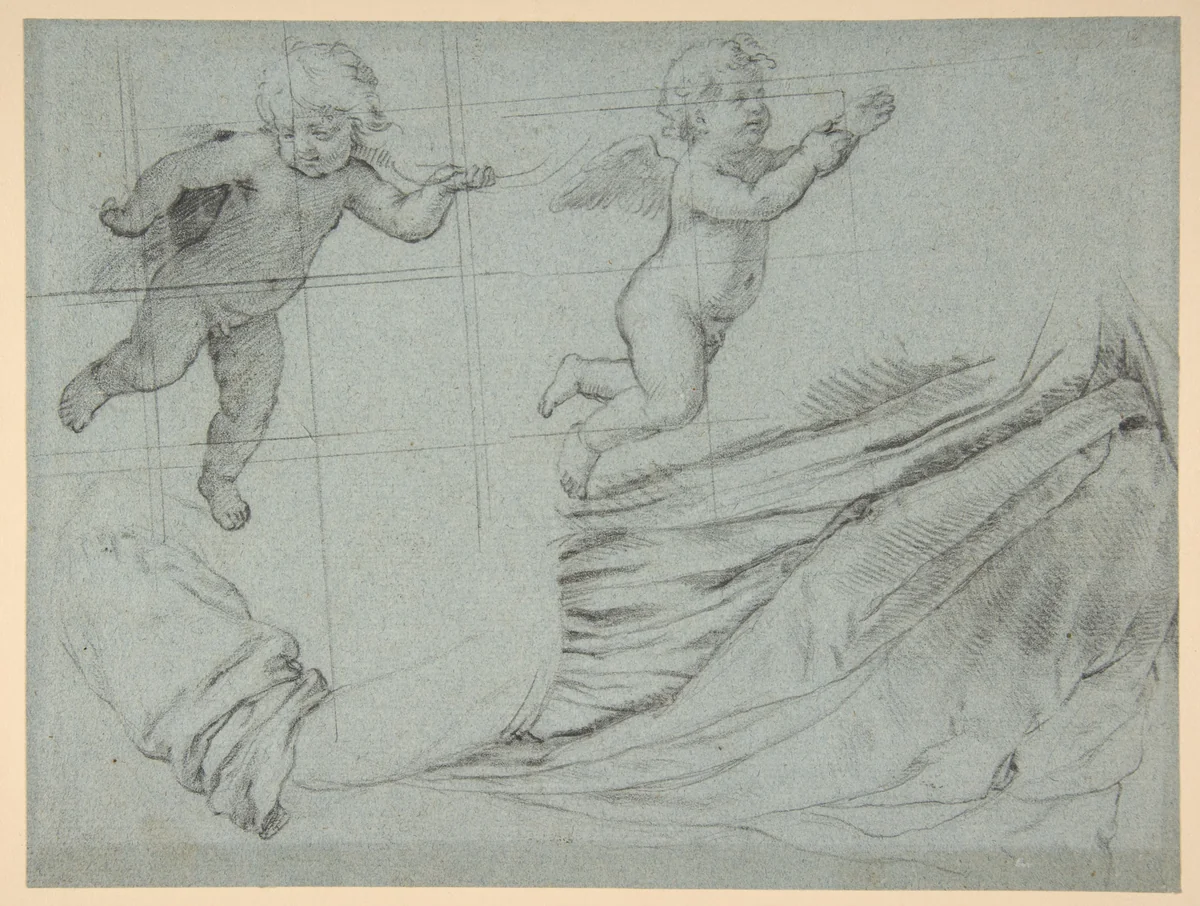 Studies of Two Flying Putti and of Drapery (recto); Seated Virgin and Child, and Kneeling Child (verso) by Giovanni Battista Salvi, drawing, 1609-1685