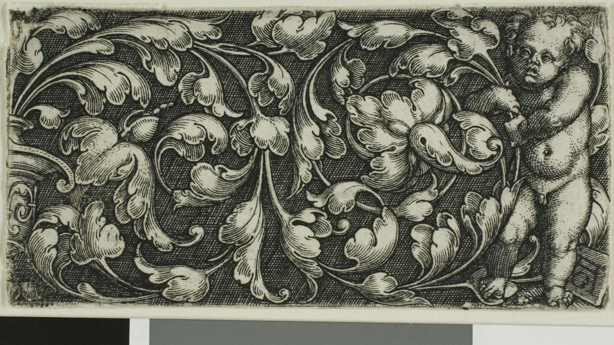 A Double Scroll of Leaf Ornament with a Putto Standing at the Right by Heinrich Aldegrever, print, 1522-1560