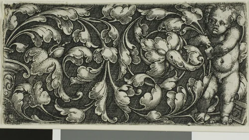A Double Scroll of Leaf Ornament with a Putto Standing at the Right by Heinrich Aldegrever, print, 1522-1560