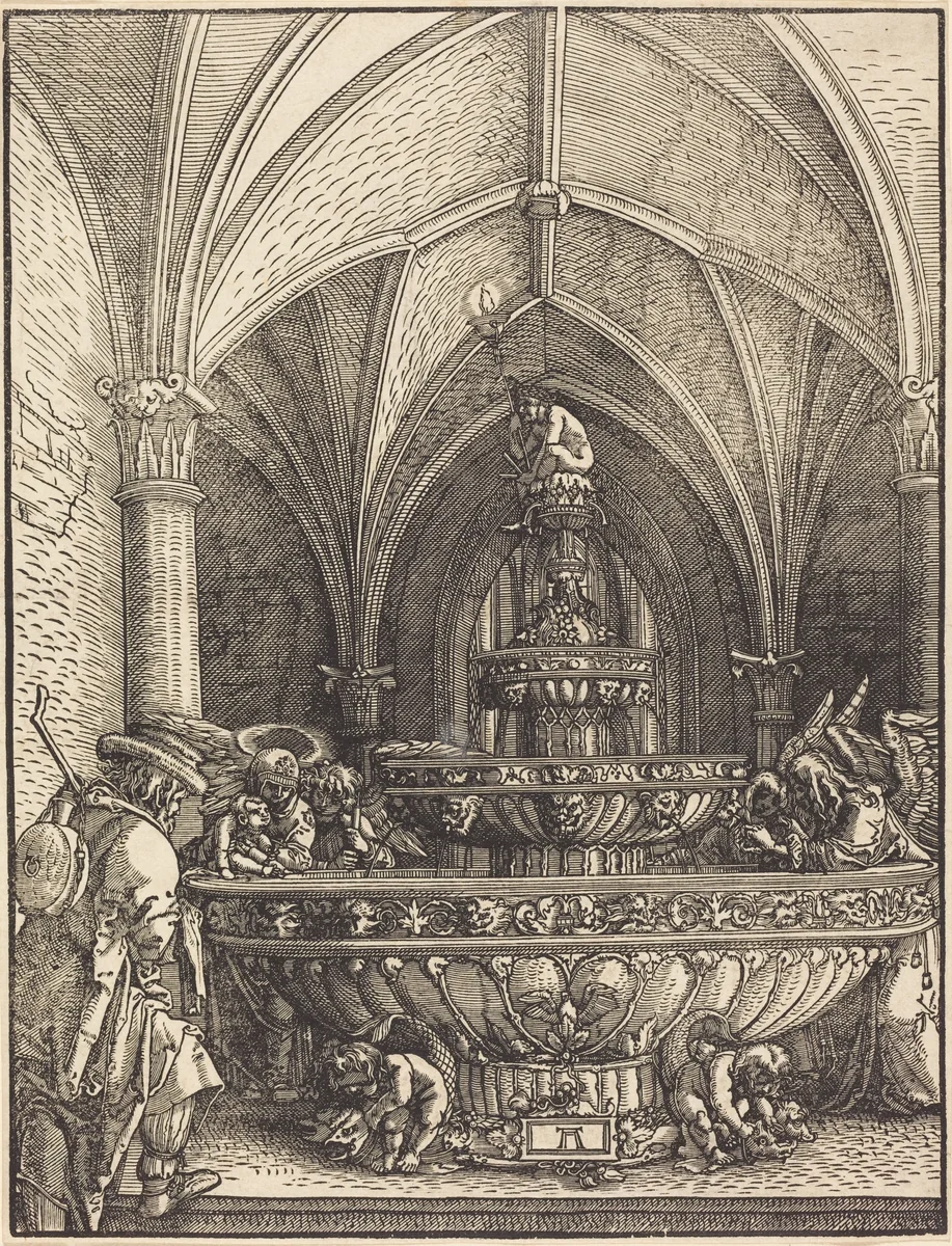 The Rest on the Flight into Egypt at a Fountain by Albrecht Altdorfer, print, 1512-1515