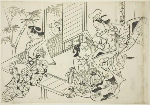 Narihira: The Mirror Scene (Narihira kagami no dan), from the series "Famous Scenes from Japanaese Puppet Plays (Yamato irotake)" by Okumura Masanobu (奥村政信), print, 1700-1711