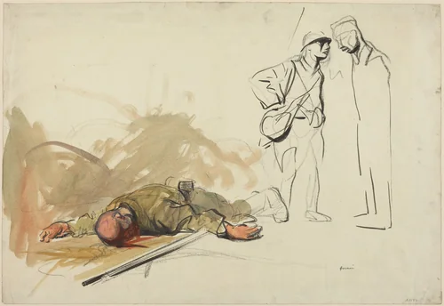 a) Dead German Soldier (recto); b) Head of a Soldier (verso) by Jean-Louis Forain, drawing, 1914-1919