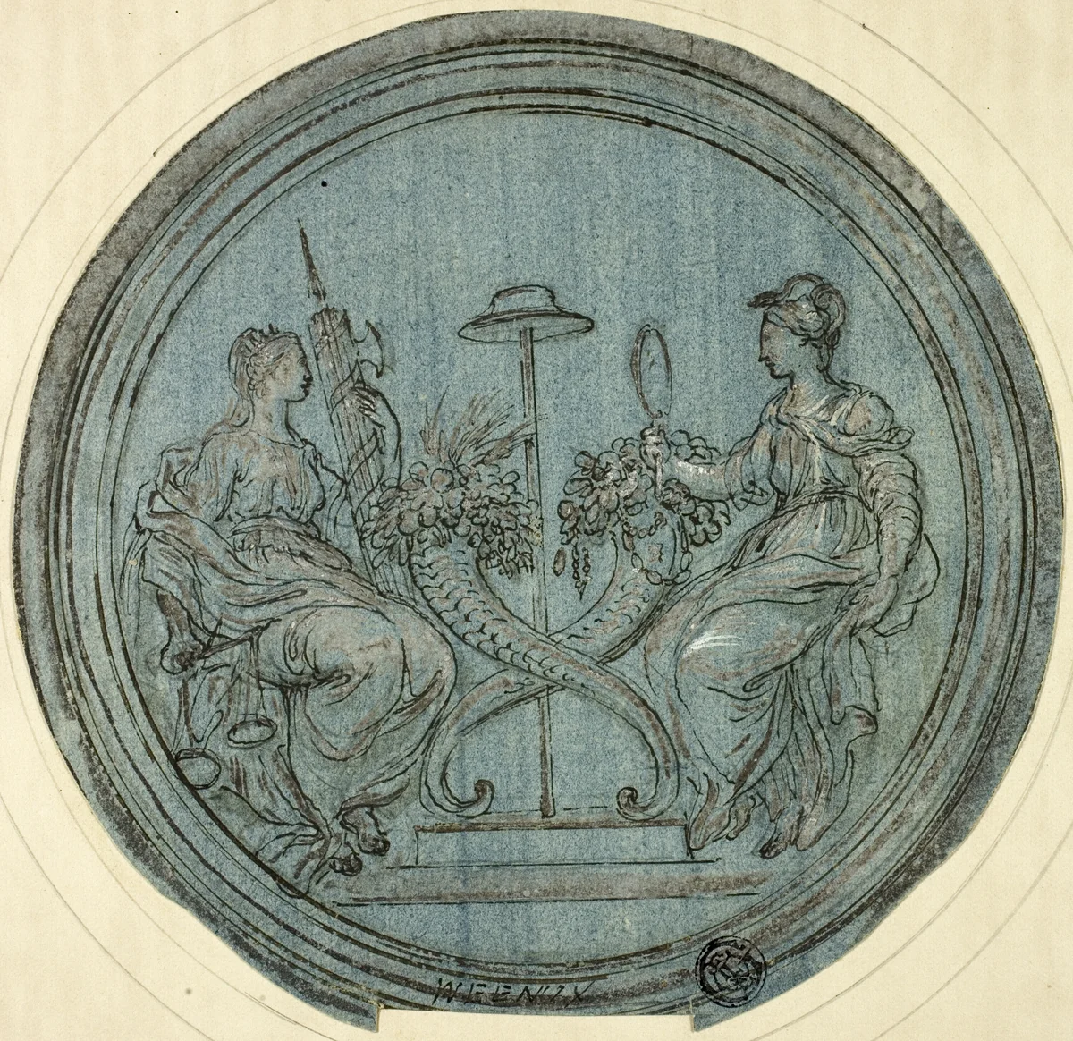 Roundel with Justice and Prudence by Jan Baptist Weenix, drawing, 1675-1699