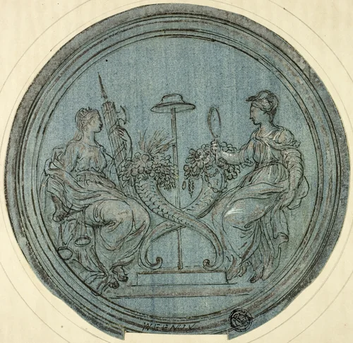 Roundel with Justice and Prudence by Jan Baptist Weenix, drawing, 1675-1699