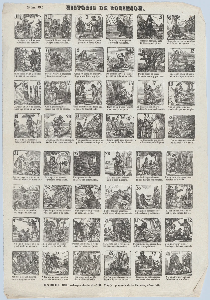 Broadside with 48 scenes showing the life of Robinson Caruso by José María Marés, print, 1860